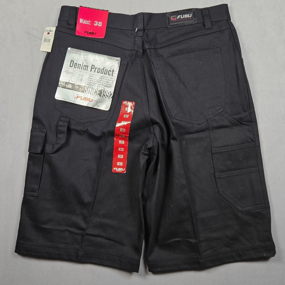 NEW FUBU Shorts Mens 38 Black Denim Baggy Loose Cargo Streetwear Hip Hop